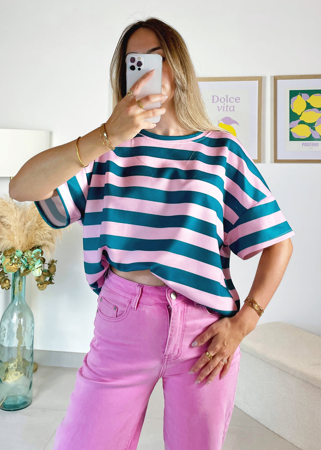 T-shirt SOPHIA à rayures rose & vert