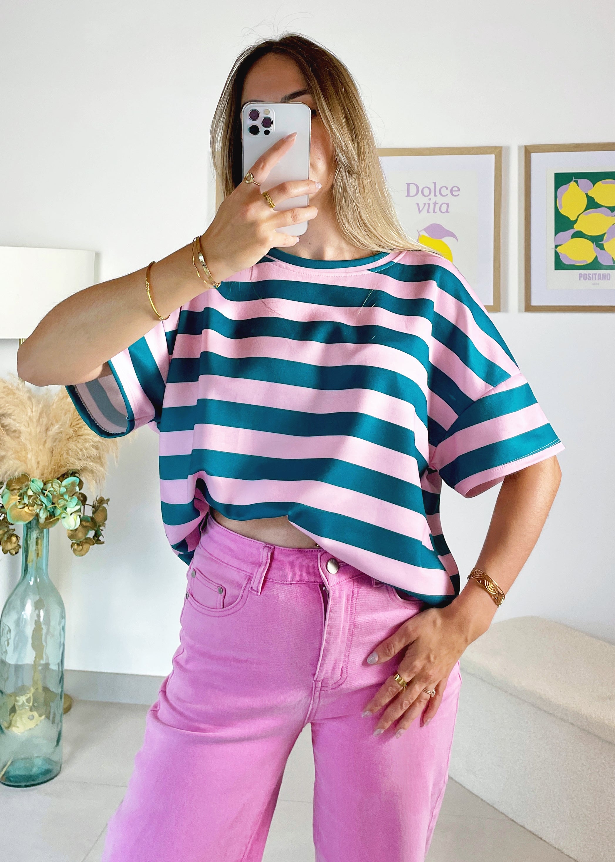 T-shirt SOPHIA à rayures rose & vert