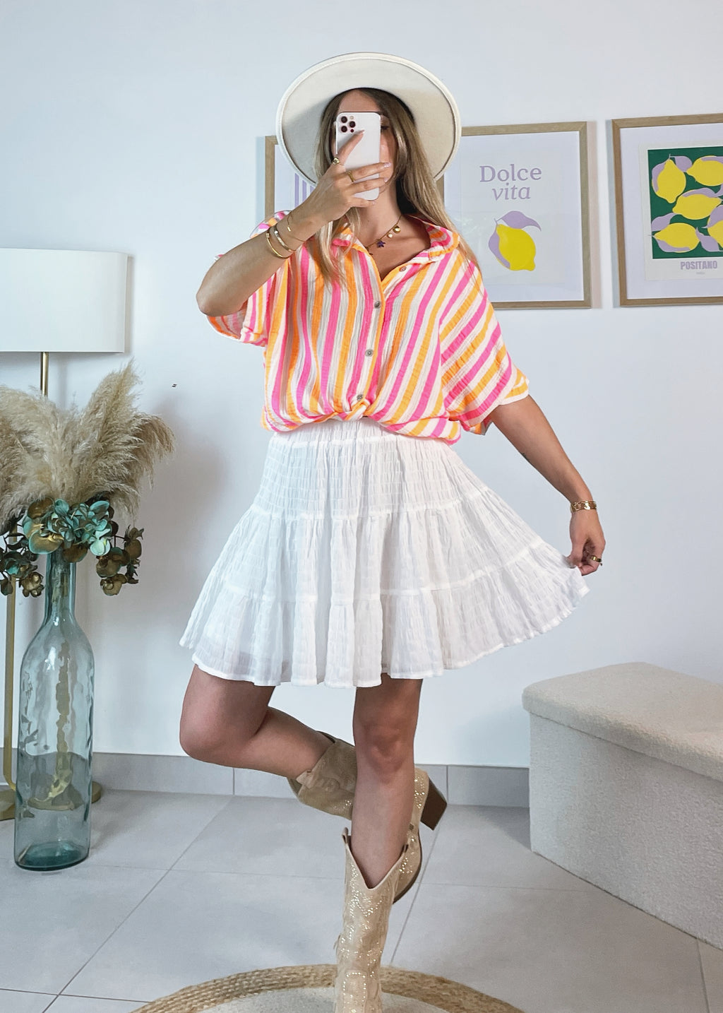 Chemise Lea en gaze de coton à rayures colorés orange et rose