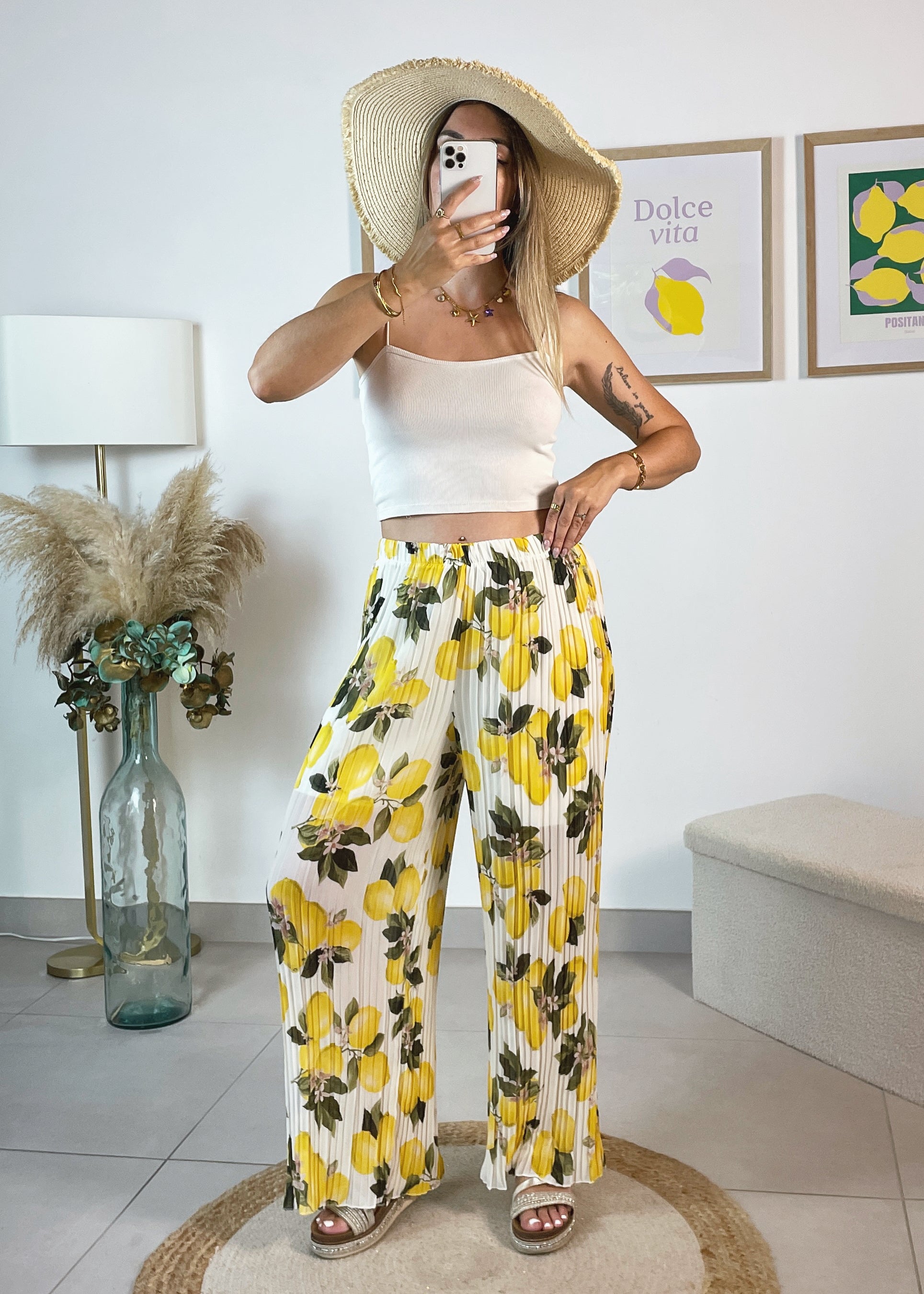 Pantalon Lemona - plissé imprimé citron avec doublure