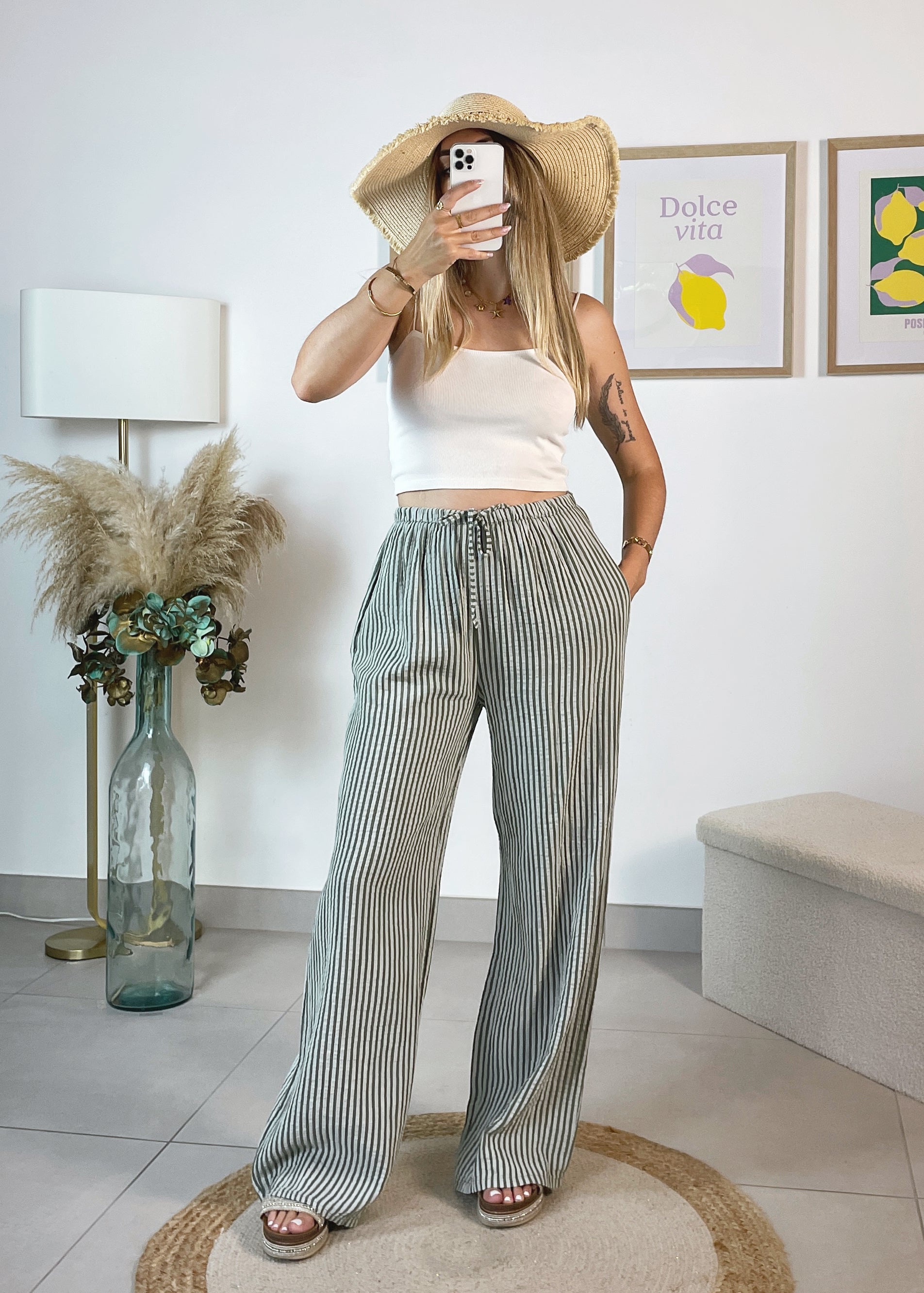 Pantalon Ornella en gaze de coton rayé kaki