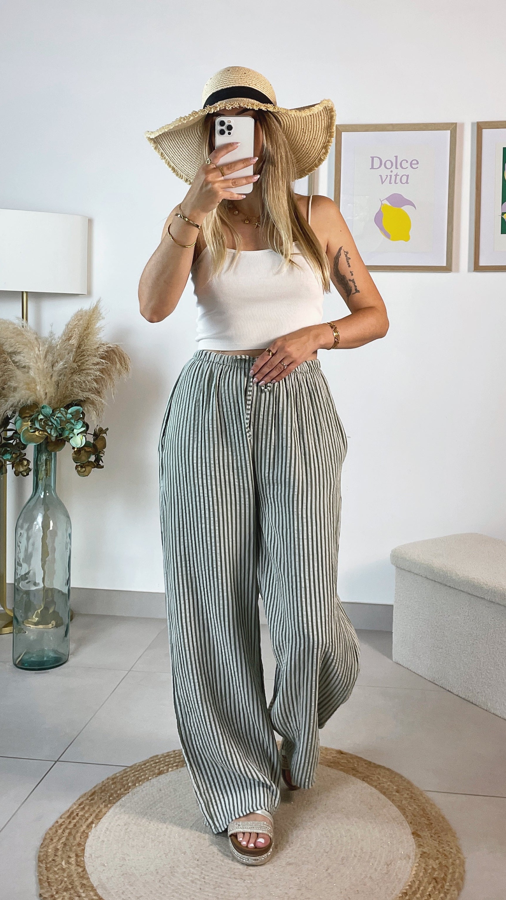 Pantalon Ornella en gaze de coton rayé kaki