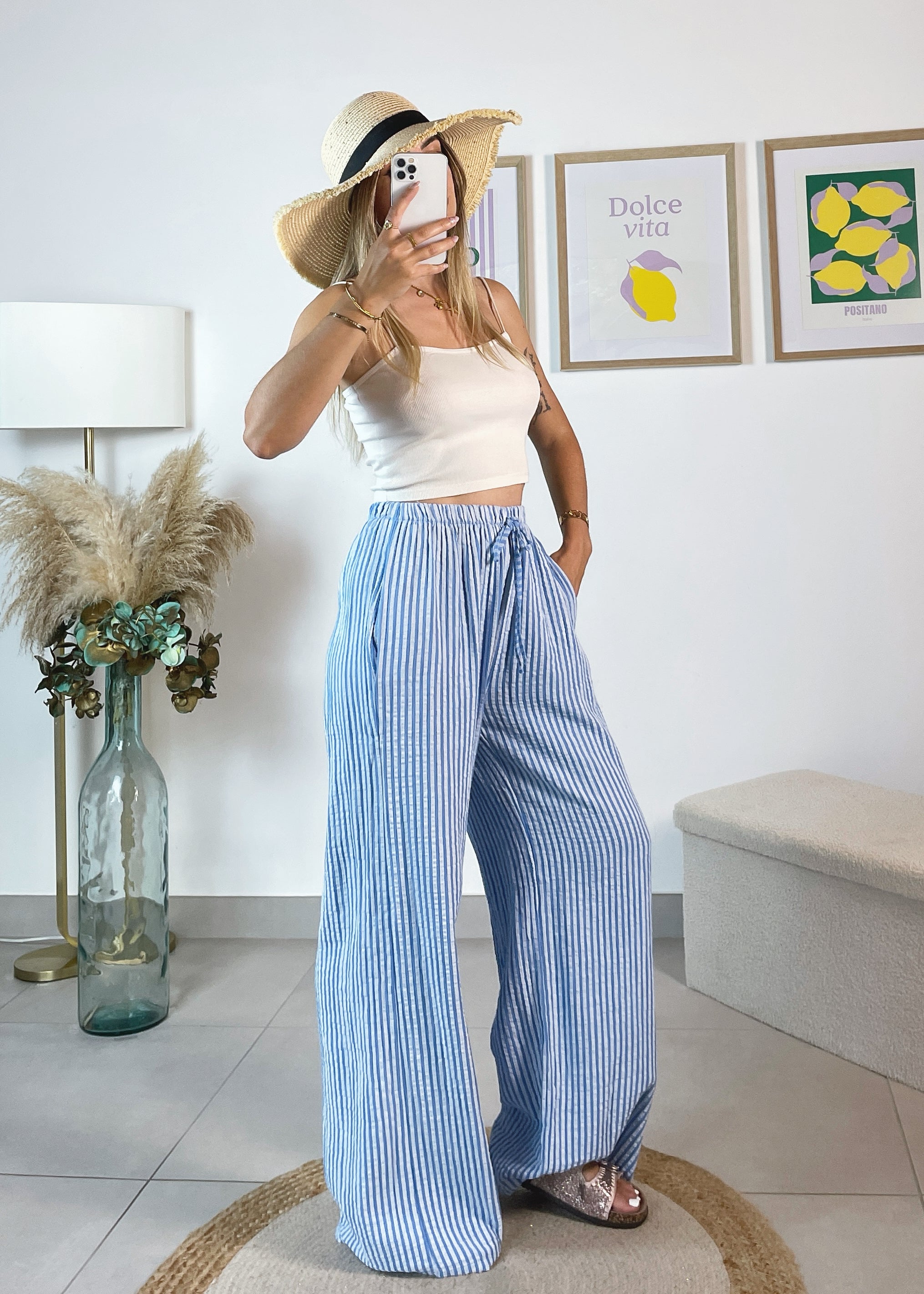 Pantalon Ornella en gaze de coton rayé bleu ciel